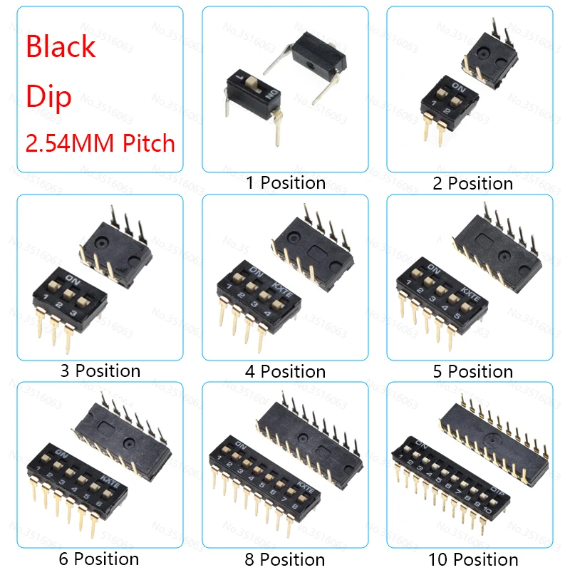 thumbnail image 1 of 5/10 piezas de interruptores de palanca deslizantes de paso de 1,27 mm/2,54 mm, DIP/Smd/ángulo recto, doble fila, 1/2/3/4/5/6/8/10/12 posiciones/bits/vías/canales/pins, 1 of 5