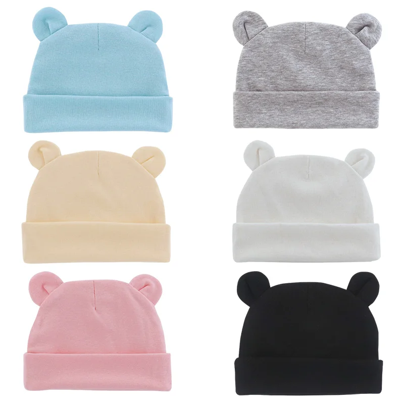 Newborn Baby Beanie Soft Cotton Hat for Boys Girls Solid Color Bear Ear Infant Bonnet Toddler Cap Photography Props Accessories