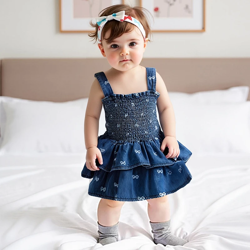 FOCUSNORM 0-18M Schöne Baby Mädchen Sommer Strampler Kleid Ärmellose Bogen Druck Süße Denim Tiered Cami Overalls – Detail 2