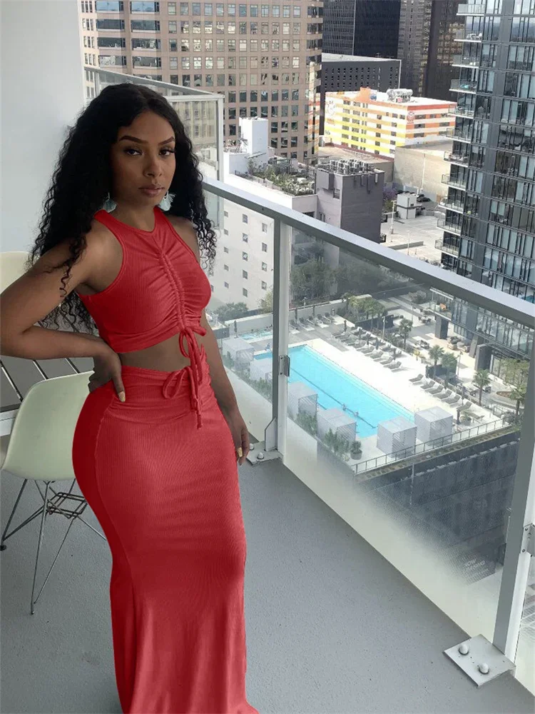 Wmstar Women Two Piece Set Summer New Streetwear Pleated Sleeveless Solid Color Crop Top High Waist Skirt Set Night Club Outfits