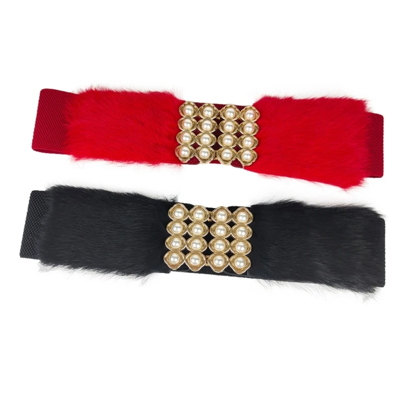 

Women Stretchy Vintage Dress Belt Elastic Waist Cinches Belt Faux Furs Pearl Buckle Wide Waist Belt for Coat Dress