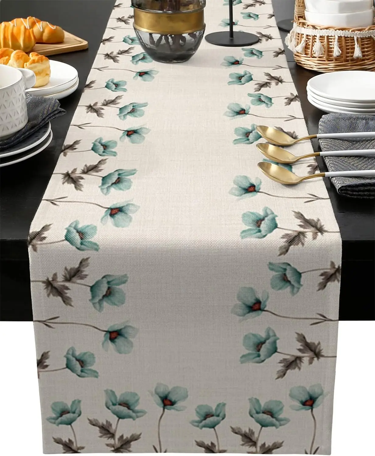 

Rustic Vintage Teal Tulip Farmhouse Floral Linen Table Runner Holiday Dresser Scarves Table Decor Kitchen Dining Bedroom Decor