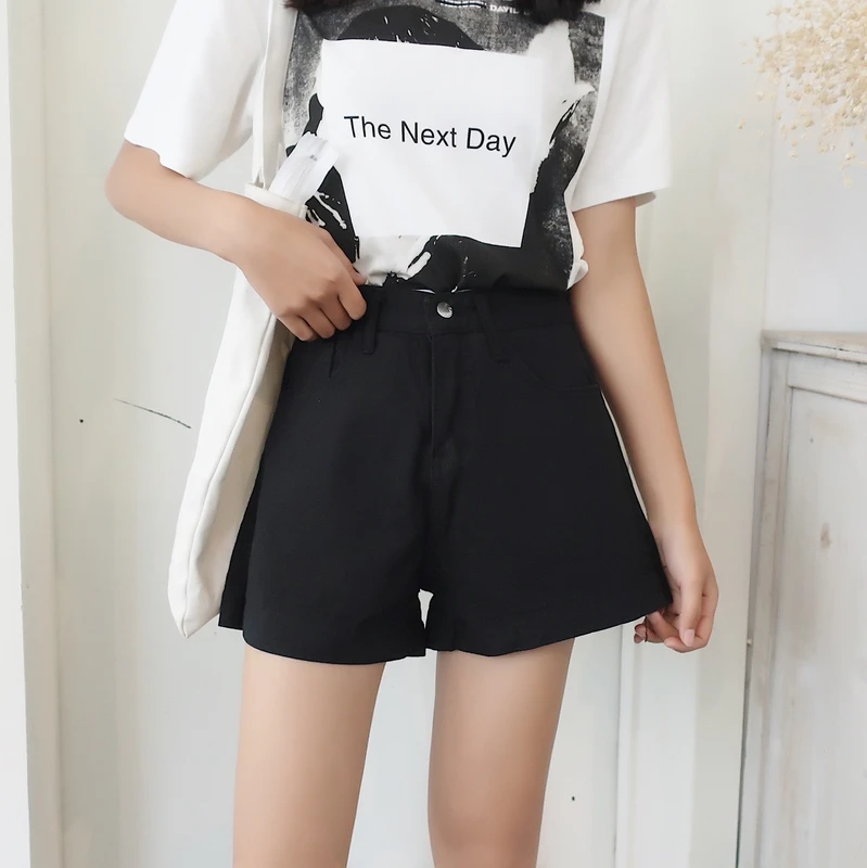 Spring New Korean Style Simple Flanging High Waist Slimming Denim Shorts Female Student All-Matching Straight Wide Leg Hot Pants compression shorts