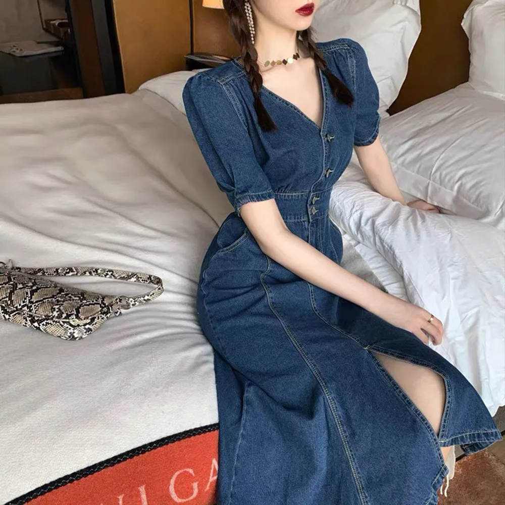

2022 Summer New Denim Dress Women Korean Elegant Puff Sleeve Mermaid Jeans Dress Streetwear Fashion Sexy Dresses Vestidos Mujer