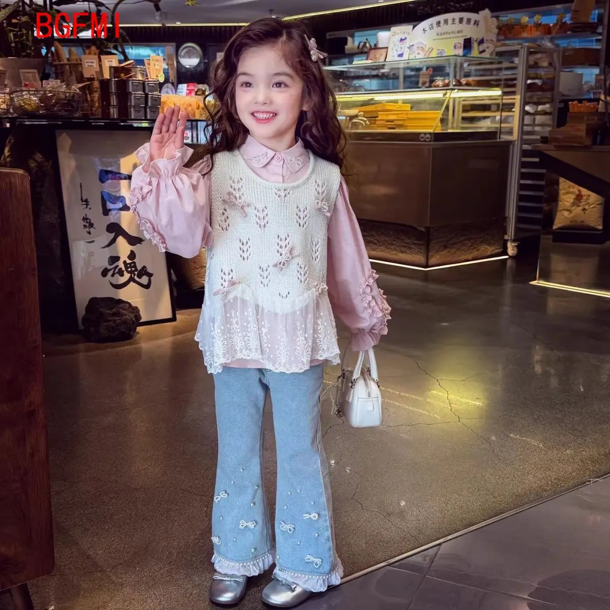 2026 봄 가을 신상 데님 트럼펫 팬츠 10대 소녀들을 위한 진주 프린지 장식 리본 청바지 5-12세 플레어 팬츠