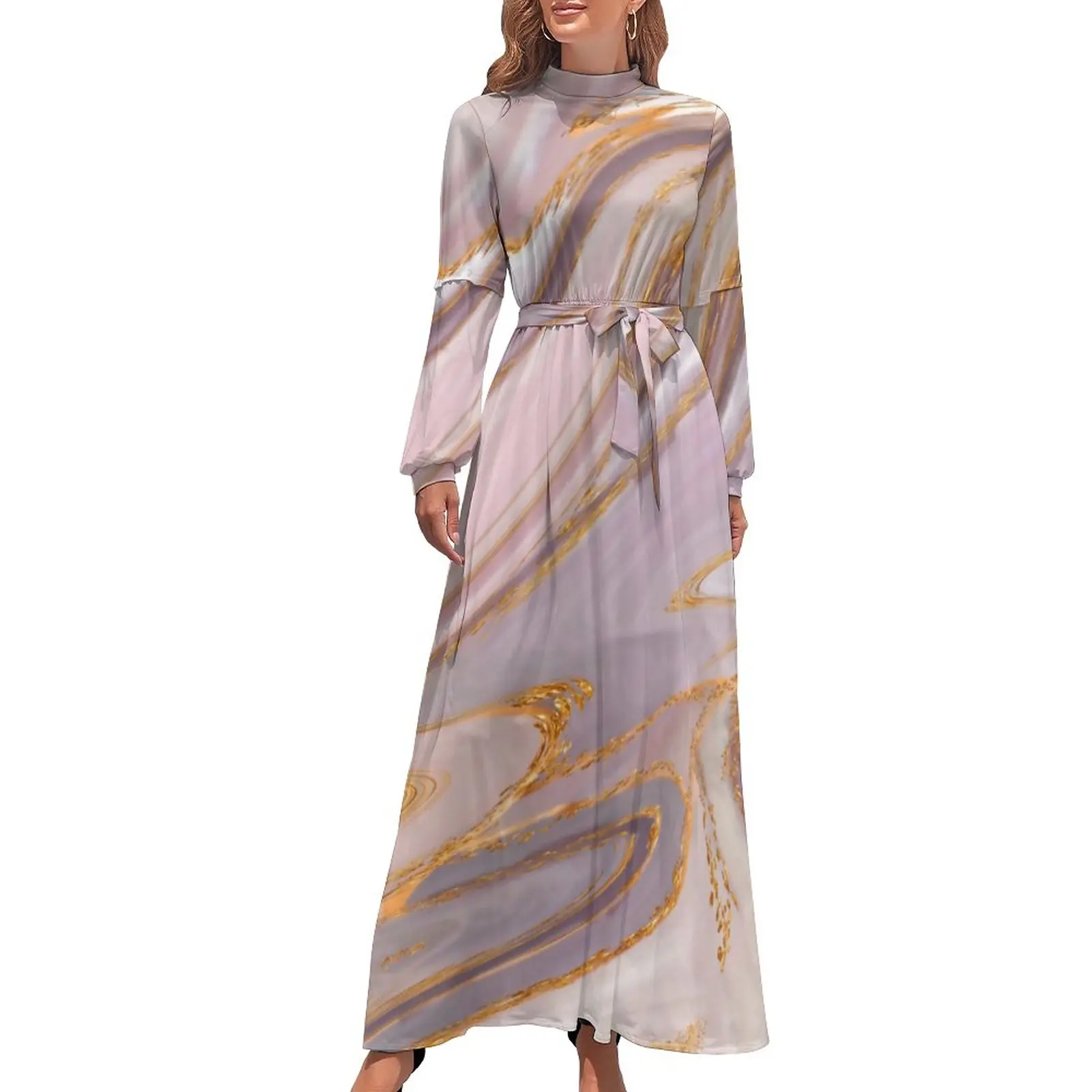 

Gold Liquid Print Dress Long Sleeve Rose Marble Maxi Dress High Waist Streetwear Graphic Boho Beach Long Dresses Birthday Gift