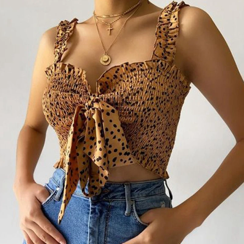 

Women Summer Sexy Spaghetti Strap Sleeveless Tie Front Cami New Polka Dot Ruffles Ruched Cropped Tops Boho Backless Vest Clothes