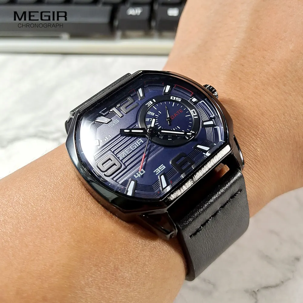 Megir Sport All Black - Orologio con cronografo analogico da uomo rettangolare nero in pelle impermeabile, cassa in acciaio inox con data