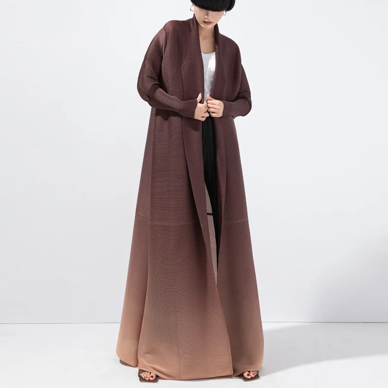 

Women's trench coat Miyake Pleated Fashion design V-neck long sleeve color change long cardigan