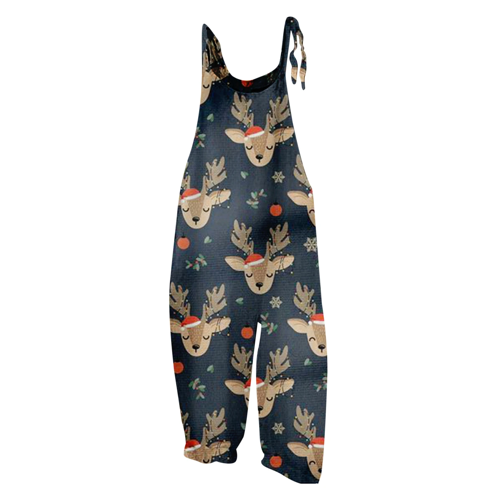 thumbnail image 1 of Mono con estampado navideño para mujer, informal, holgado, con tirantes ajustables, holgado, versátil, con tirantes, pierna ancha y ajustable, 1 of 5