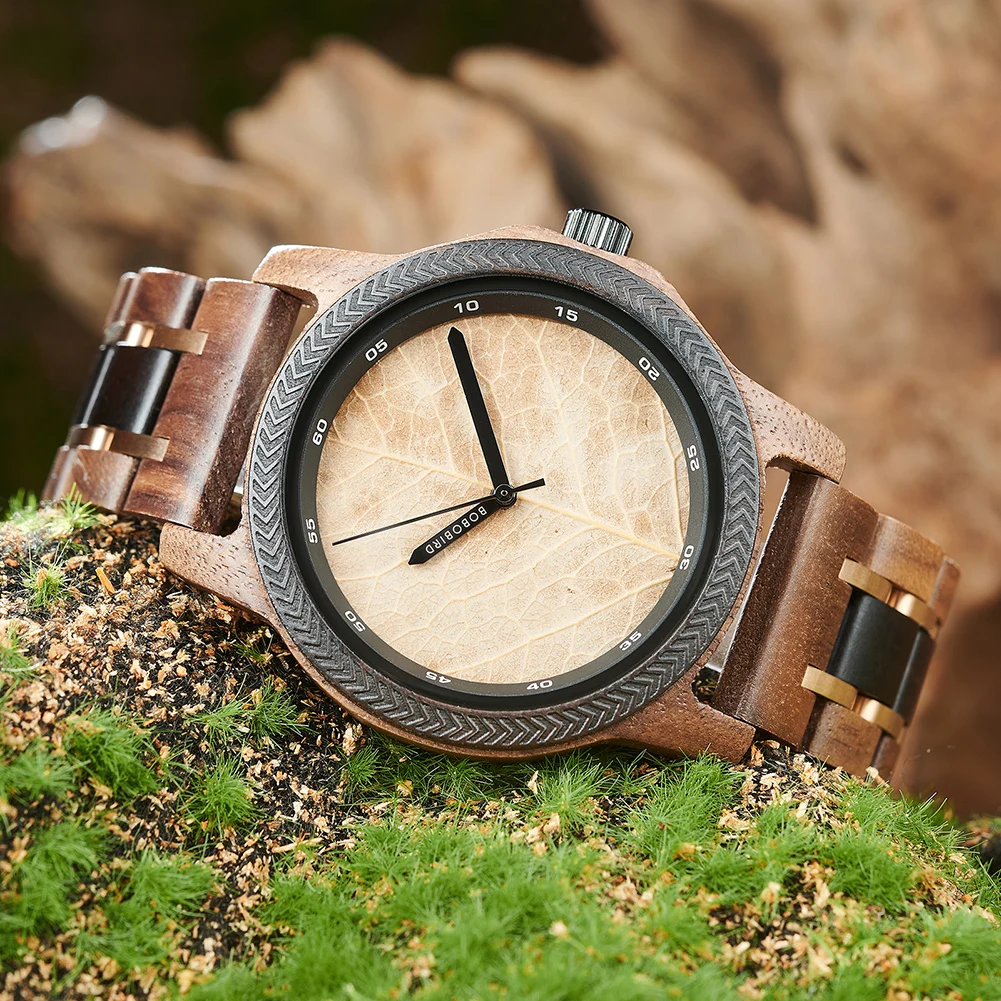 Men's Wood Watch with Genuine Leaf, BOBO BIRD Watch, Leaves Face Original Wooden Clock, Engraved Watch, Anniversary Custom Gift