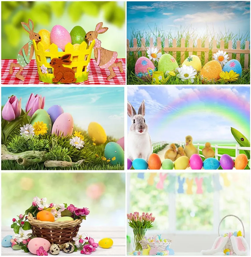Little Bunny Cute Chicken Celebrating Easter Festival Fondali Ourdoor Garden Picnic Eggs Floral Rainbow Blue Sky Sfondi