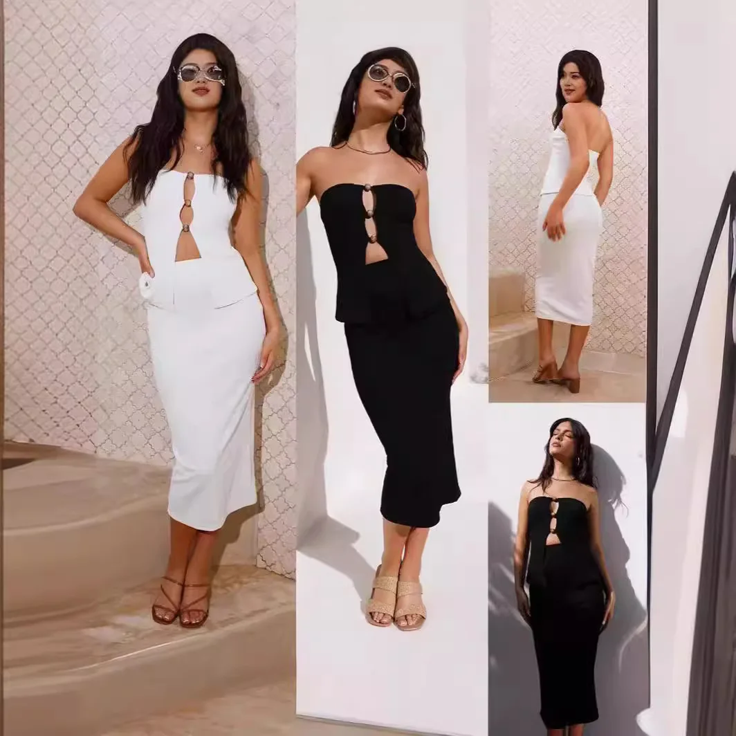 

2024 foreign trade cardigan long solid color high two-piece female suit spring summer female dress new
