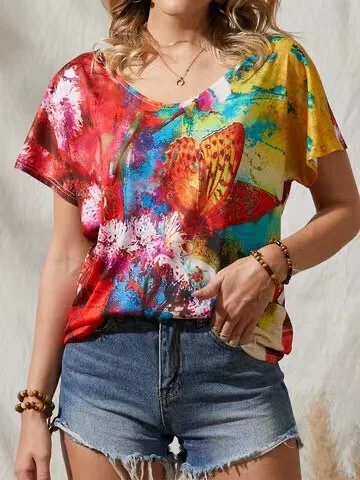 

Women's Shirt 2023 Summer Fashion New Butterfly Print Casual Short Sleeve T-Shirt Top Female