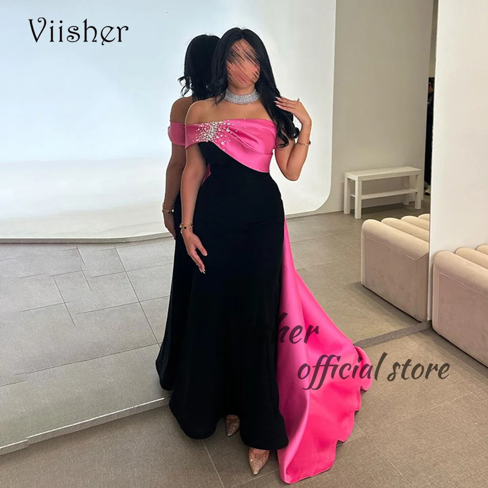 

Viisher Black Pink Mermaid Evening Dresses One Shoulder Pleats Satin Formal Prom Dress with Beads Arabic Dubai Evening Gowns