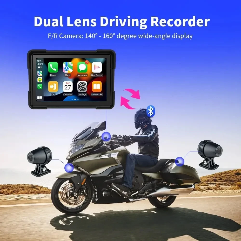 오토바이 카플레이 방수 무선 안드로이드 자동 DVR 모니터, 대시 카메라, GPS 네비게이션, TPMS, 블루투스, 5 인치 와이파이