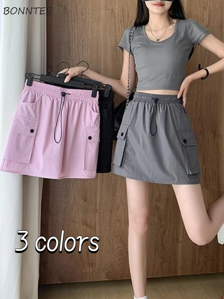 

Skirts Women Retro Simple Safari Style Elegant Design All-match Pockets Ulzzang Summer Empire Ladies Sporty Stylish Mini Faldas