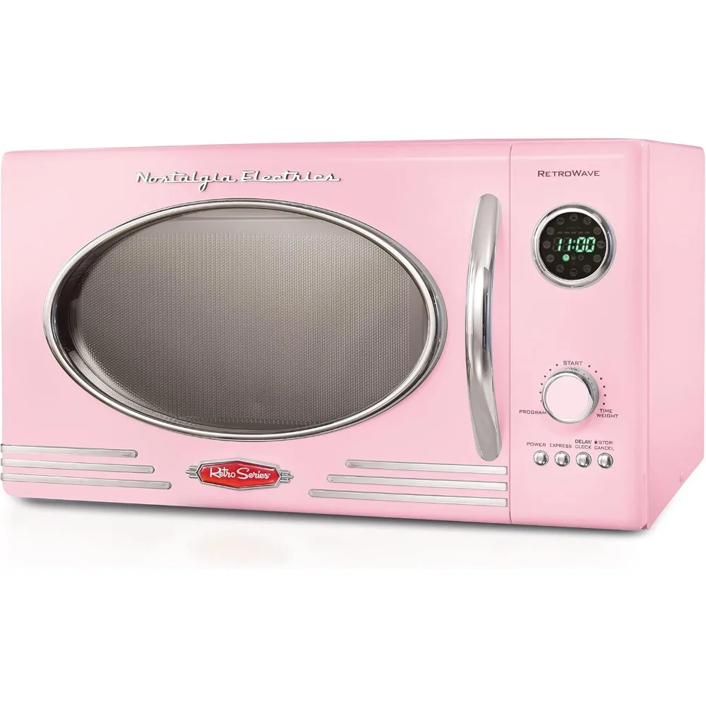 Microwave Oven, 800 Watt 0.9 Cu Ft 12 Pre-Programmed Cooking Settings Digital Clock Pink & Retro Wide 2-Slice Toaster, Vintage