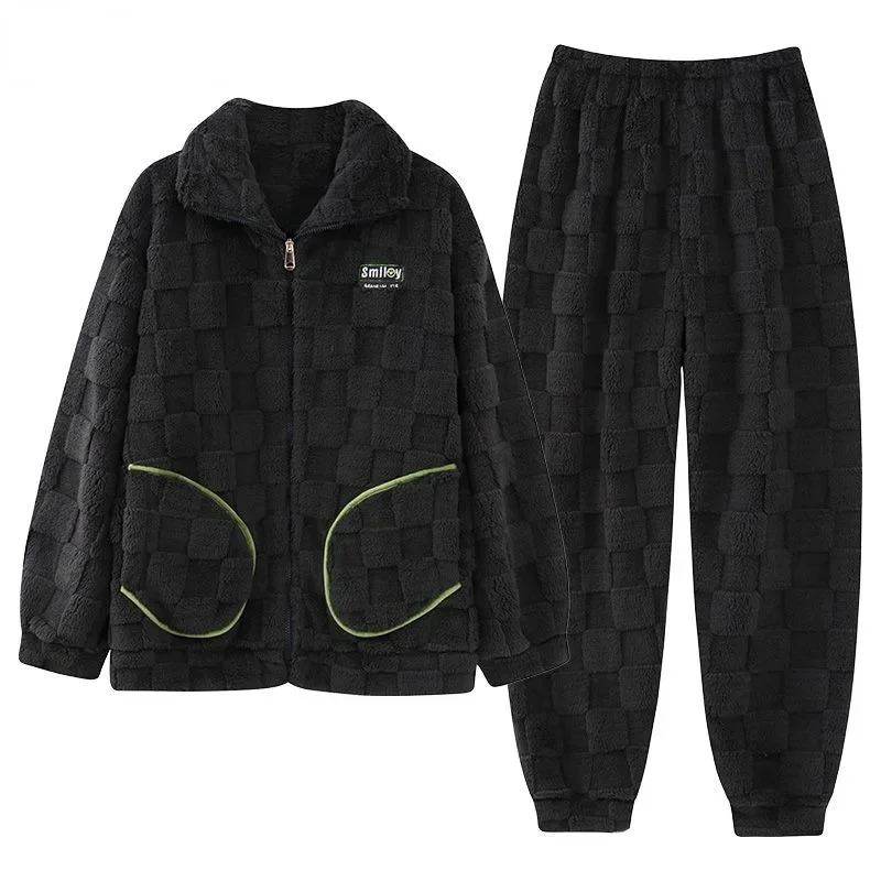 Stand Collar Coral Velvet Men Pajamas Simple Casual Sleepwear Autumn Winter Handsome Teenagers Loungewear Zipper Hooded Homewear