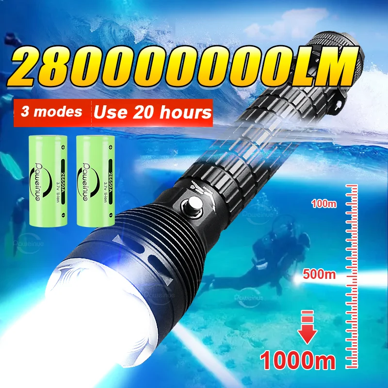 280000000LM Most Powerful LED Diving Flashlight Professional Dive Torch Rechargeable Diving Lamp Fishing Underwater Lantern