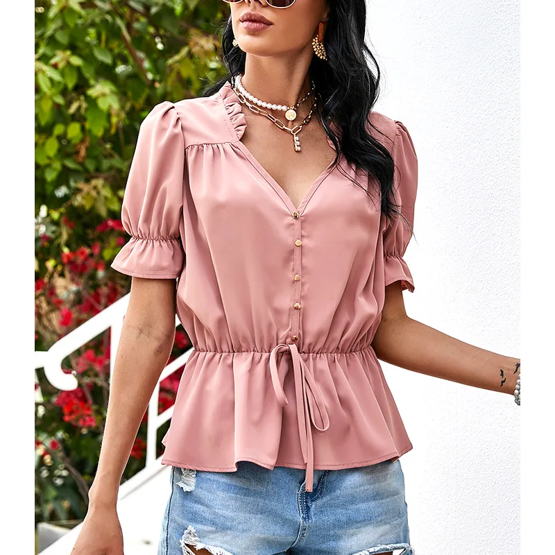 

Fashion Women Solid Button Waist Retraction Shirts V Neck Short Sleeve High Waist French Lace Up Spring Female Casual Blouse