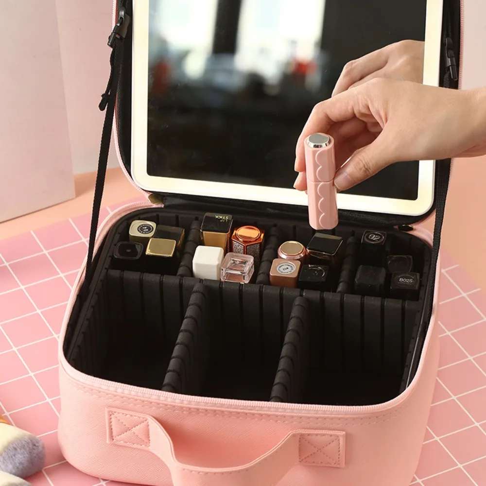 Borsa per il trucco con specchio Custodia da viaggio Organizzatore cosmetico illuminato Luci a LED a 3 colori Divisori regolabili e portaspazzole - immagine 2