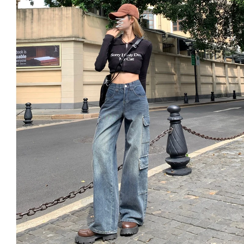 Американские винтажные женские джинсы с завышенной талией, свободные прямые джинсы-карго в полную длину, женские повседневные джинсовые брюки в стиле High Street