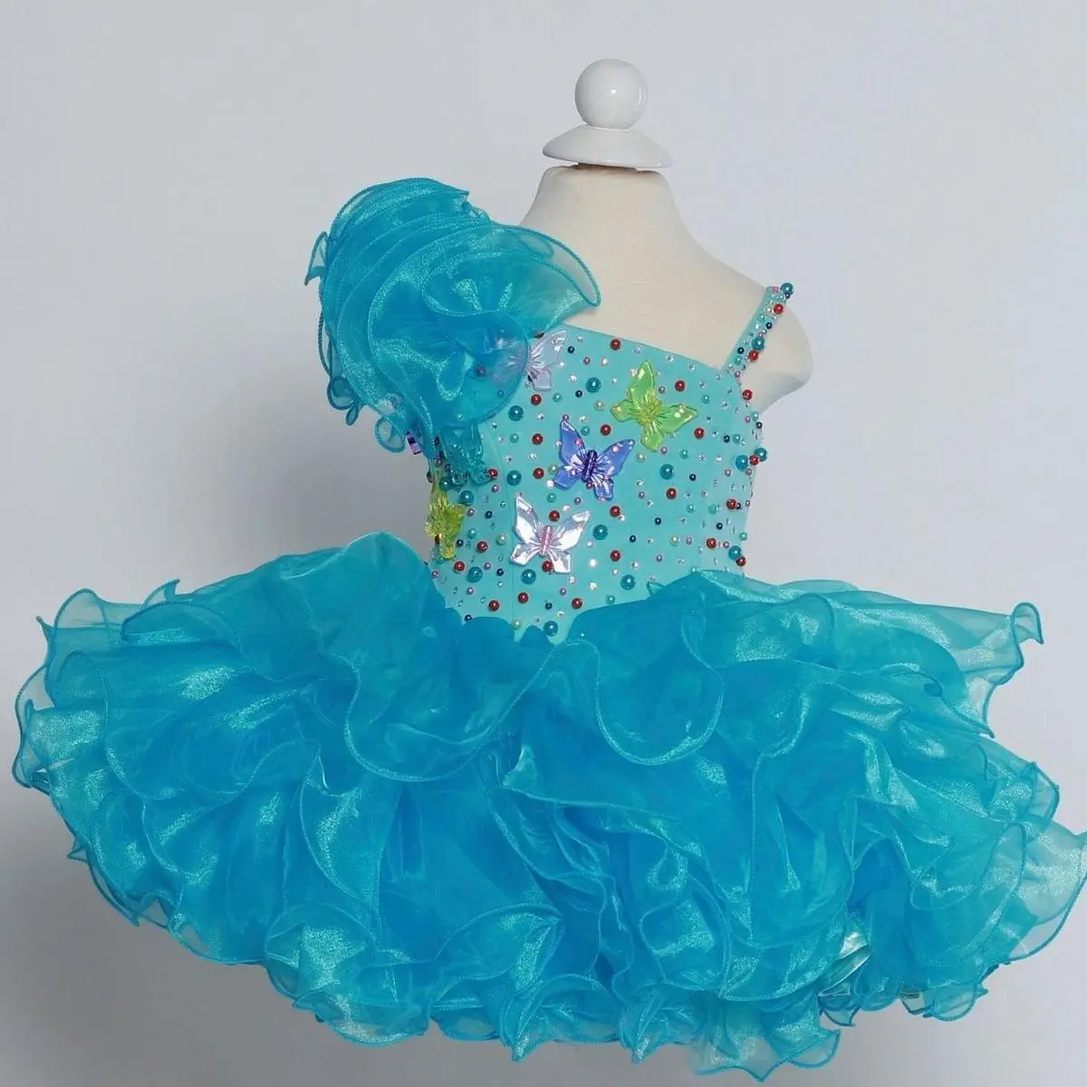 

Blue Girls Pageant Dresses Ball Gown Off The Shoulder Organza Ruffled Pearls Flower Girl Dresses For Weddings Little Baby Kids