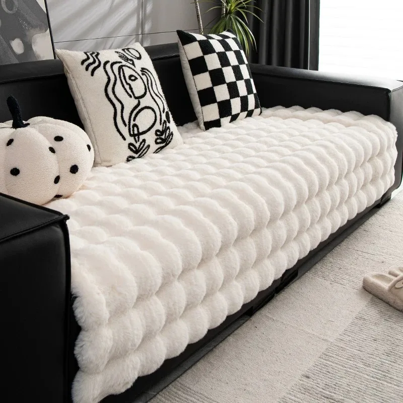 Imitation Rabbit Fur Plush Sofa Cover Winter Fluffy Warm Sofa Towel Universal Non-slip Sofa Mat Couch Slipcover Couch Cushion 2