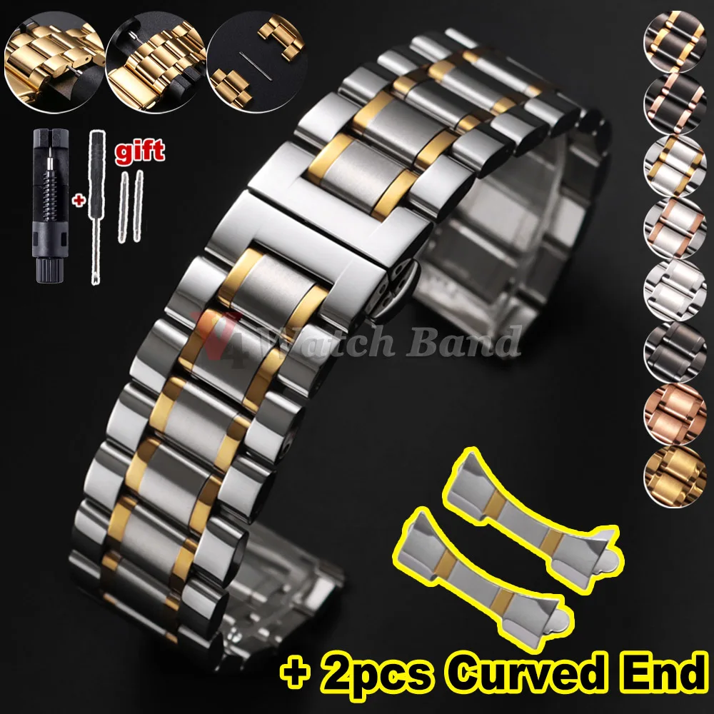 Universal Curved End Solid Stainless Steel Watch Band with Butterfly Clasp