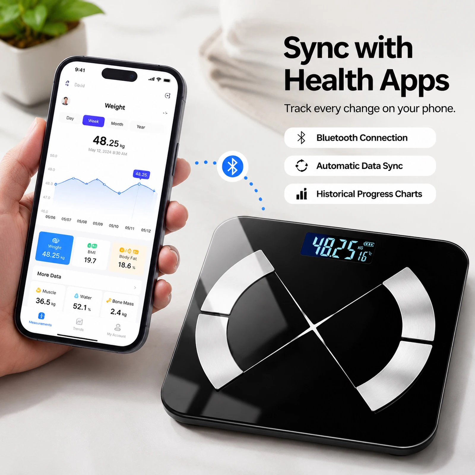 Bilancia digitale Bluetooth Smart da 180 kg/400 libbre con BMI, monitoraggio dati tramite app, display LCD e funzione wireless per il bagno._voghion.com