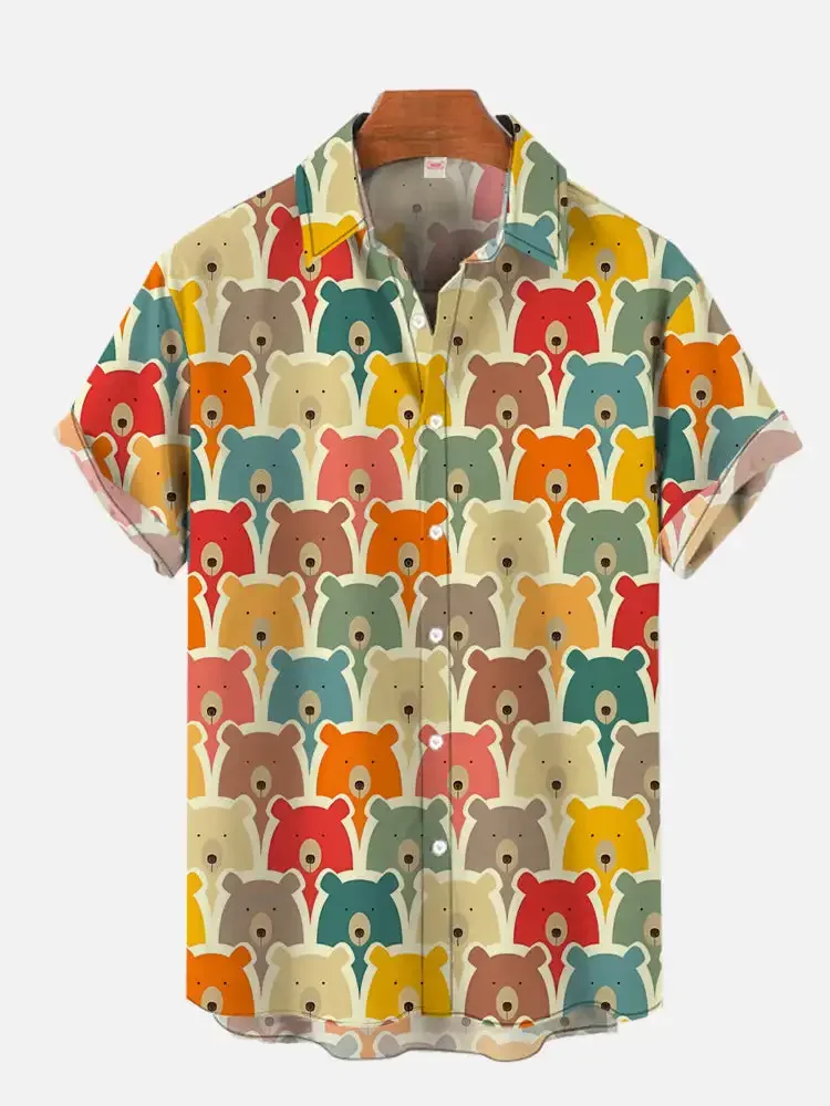 Zomer Nieuwe Dichte Kleurrijke Regenboog Beer Print Heren Casual Grote Maat Shirt Met Korte Mouwen