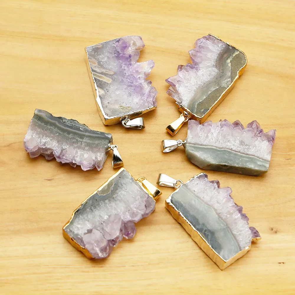 Free Shipping Natural Amethyst Flake Irregular Strip Pendant Gold And Silver Edged Necklace Unisex Charm Jewelry Accessories 6Pc
