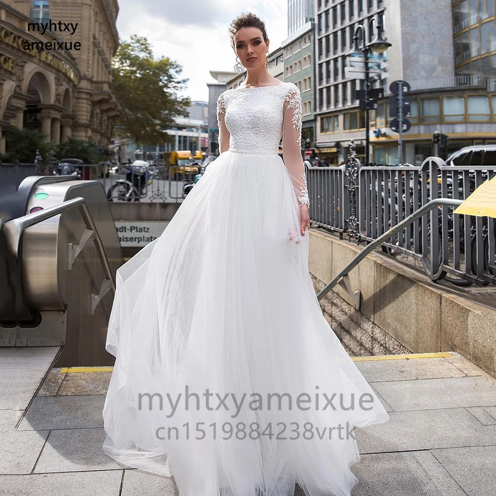 

Sexy Beach Wedding Dress 2023 Scoop Neckline Long Sleeves Lace Bridal Dress Detachable Tulle Skirt Brides Dress Plus Size Gothic
