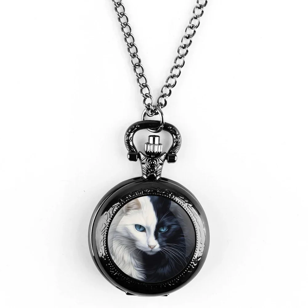 Cool Black White Cat Pattern Arabic Digital Dial Quartz Pocket Watch Vintage Necklace Pendant Chain Gift for Women Man Children