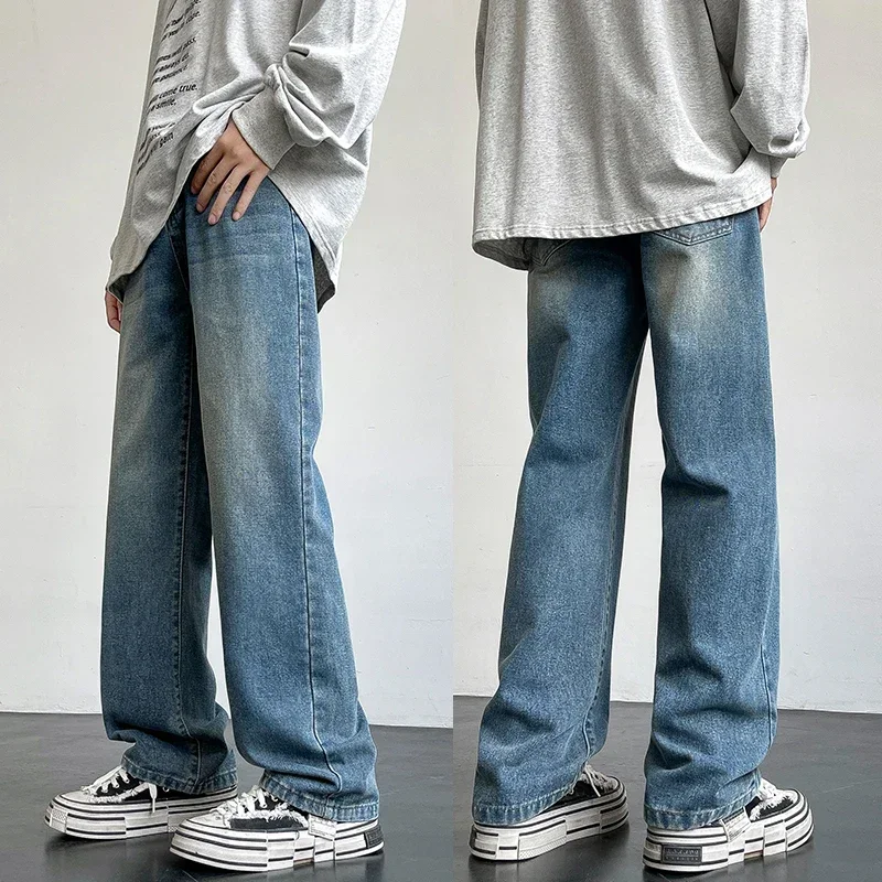 Korean Style Men&rsquo;s Casual Long Jeans Classic Straight Denim Wide-Leg Pants Solid Colors Light Blue Grey Black