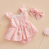 ma&baby 0-18M Newborn Infant Baby Girls Romper  Plaid Lace Ruffle Jumpsuit Playsuit + Bow Headband Summer Outfit 5