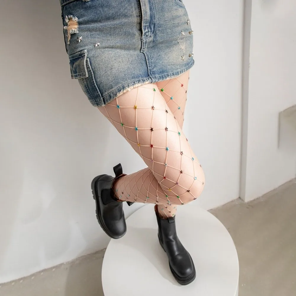 펑크 Y2K 화려한 망사 스타킹 레인보우 도파민 라인스톤 스타 팬티스타킹 핫걸 스타일 스트레치 시스루 타이즈 여성용
