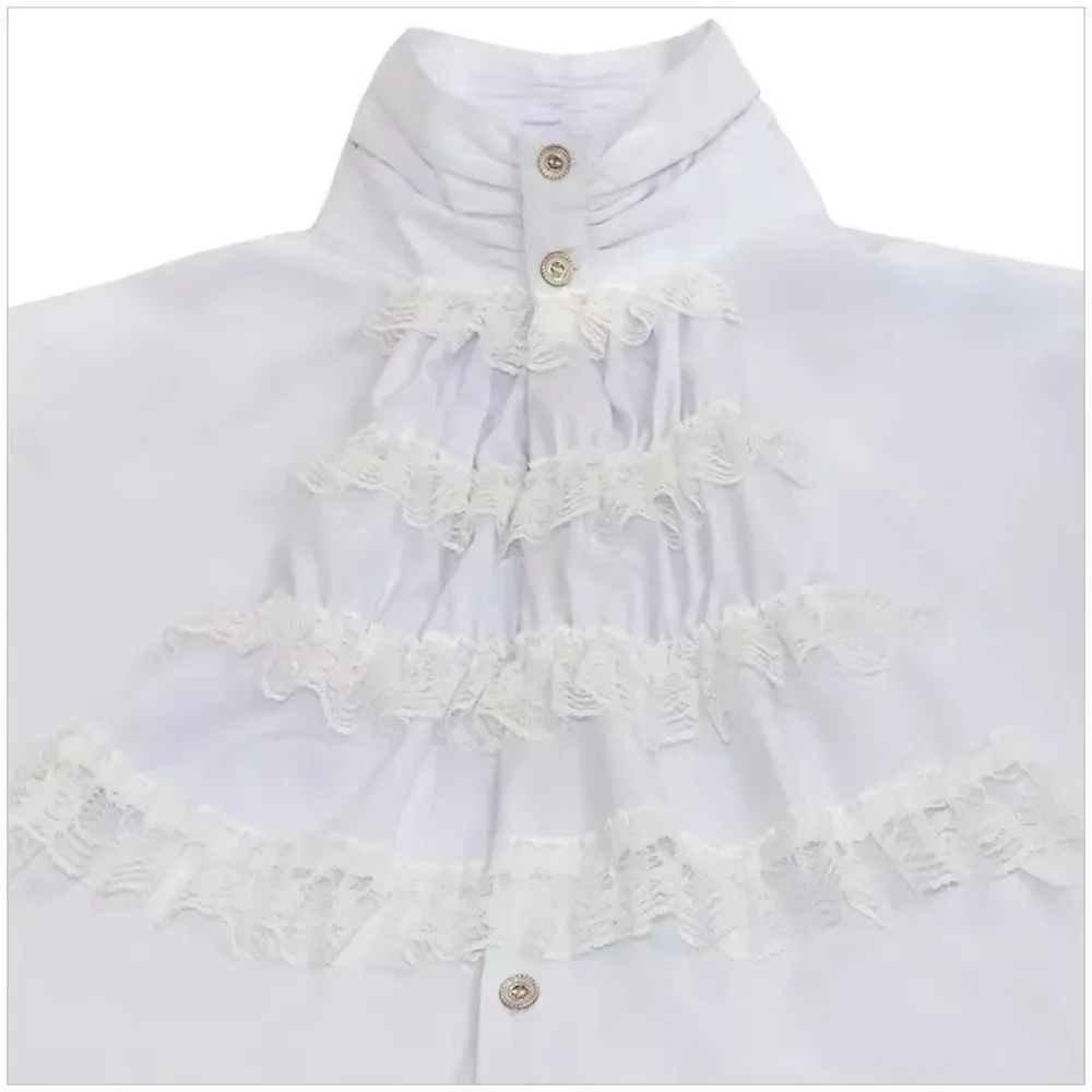White Cotton & Lace Ruffles Stand Collar Gothic Shirt Men Vampire Pirate Cosplay Clothes Anime Halloween Victorian Medieval Top