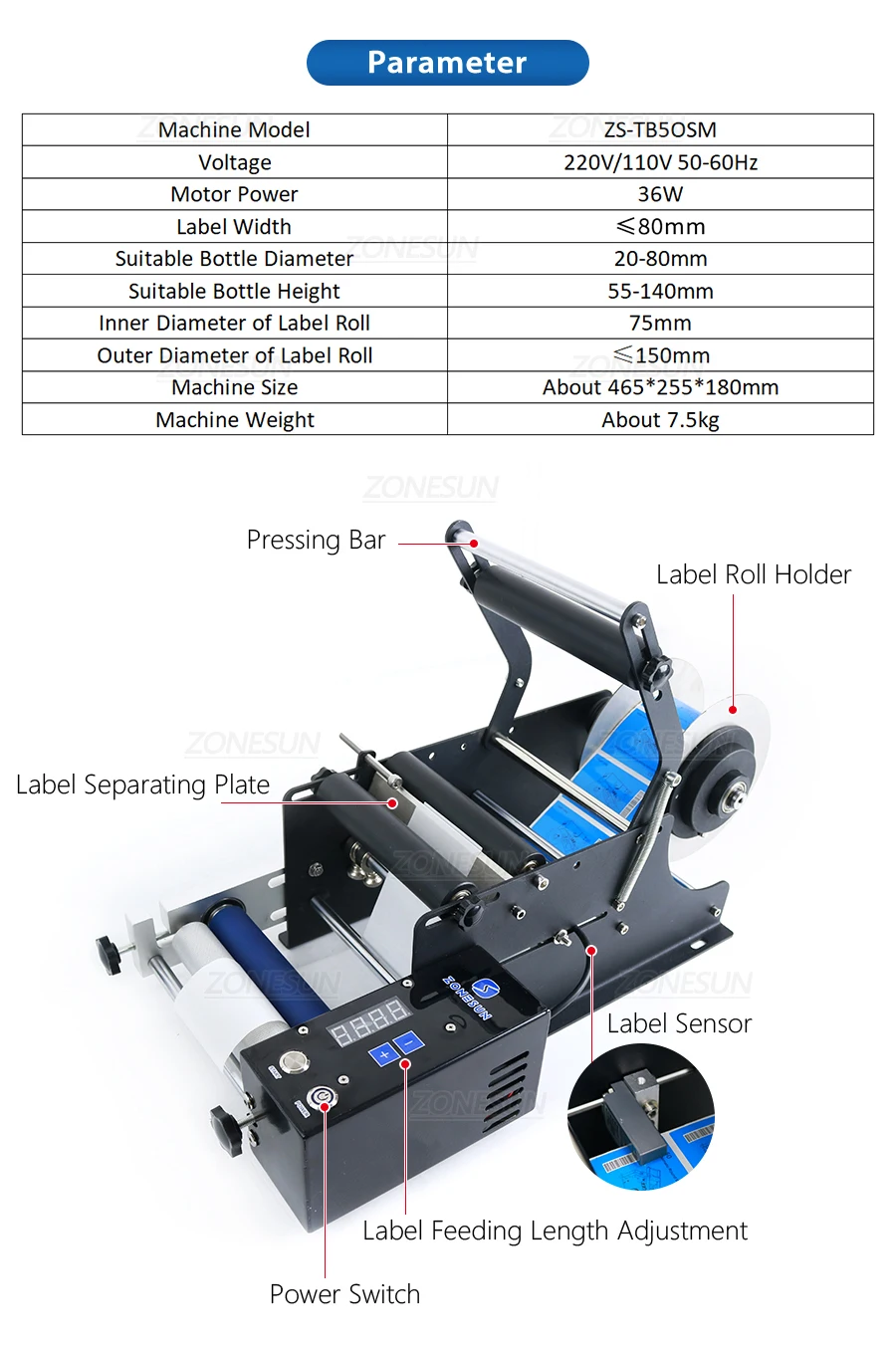 ZONESUN ZS-TB50SM 20-80mm Round Bottle Labeling Machine