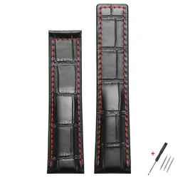 Elegant Leather Watch Band - Premium Bamboo Cowhide Strap - 22mm (Black Red)