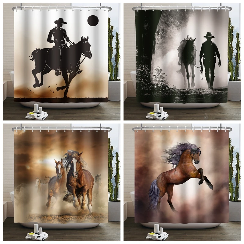 Western Cowboy Shower Curtain Country Cowboy Riding Horse in Wild West Bathroom Decor Waterproof Fabric Bath Curtain with Hooks