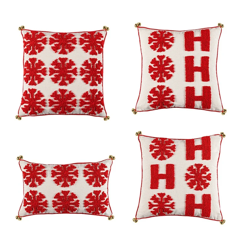 

Christmas Decor Cushion Cover Snowflake Loop Velvet Tufted Red Pillowcase Simple Graphic Cotton Square Pillow Cover