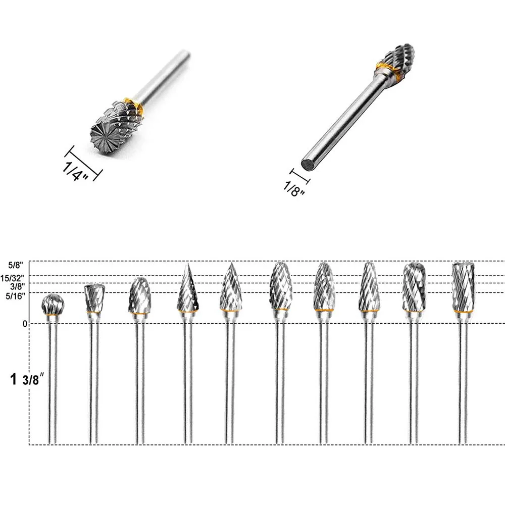 Milling Cutter Carbide Burr Set 10 pcs 1/8