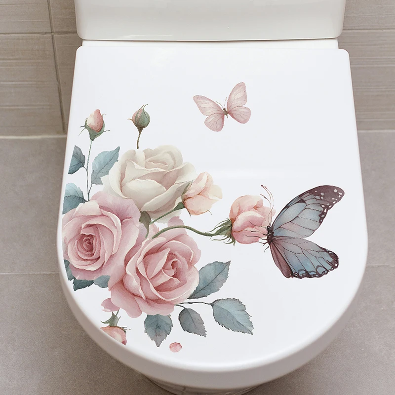Flowers And Butterflies Pattern Decorative Toilet Wall Sticker For Bathroom Decor Wall Decor Adhesive Wallpaper Toilet