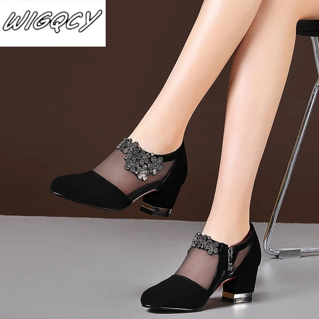Summer Women High Heel Shoes Mesh Breathable Pumps Zip Pointed Toe Thick Heels Fashion Female Dress Shoes Elegant Footwear 3