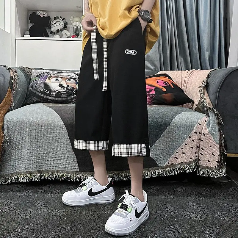 New Summer Waffler Men's Loose Shorts Simplicity Casual Drawstring Elastic Waist Rolled Edge Straight Wide Leg Calf Length Pants