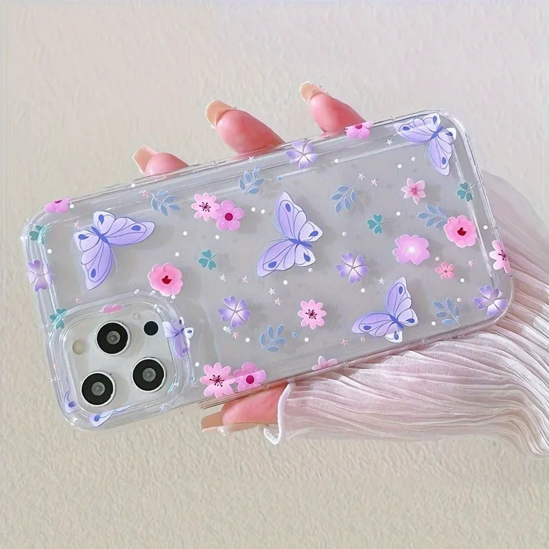 Elegant Pink & Purple Butterfly Floral Transparent Anti-Drop TPU Phone Case - Ideal Gift for Holidays & Special Occasions