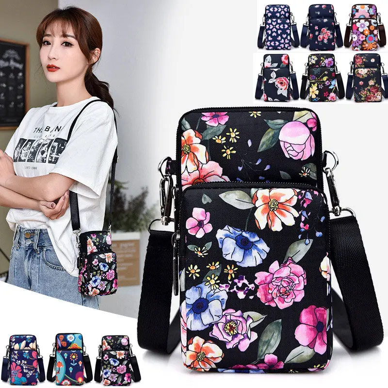 

Fashion Printed Flowers Cell Phone Shoulder Bag Zipper Crossbody Daily Use Card Holder Casual Sport Bag Small Wallet For Women