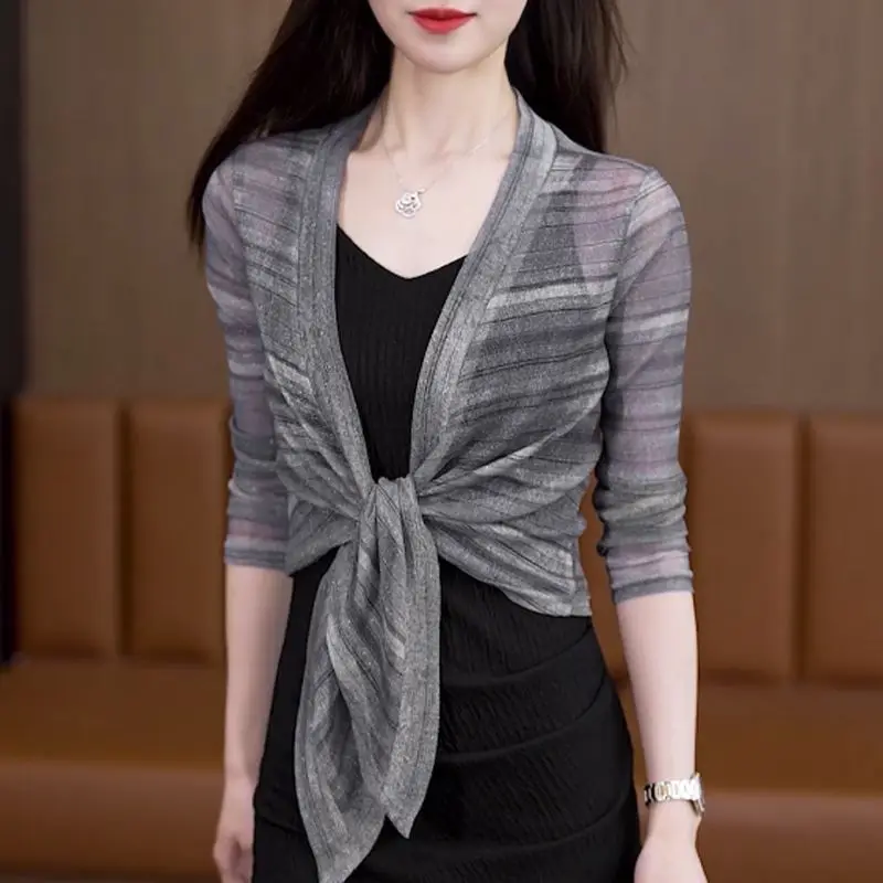 2024 Summer New Korean Ponchos Women's Simplicity Commuter Thin Striped Cardigan V-neck Half Sleeve Gauze Drawstring Slim Coats